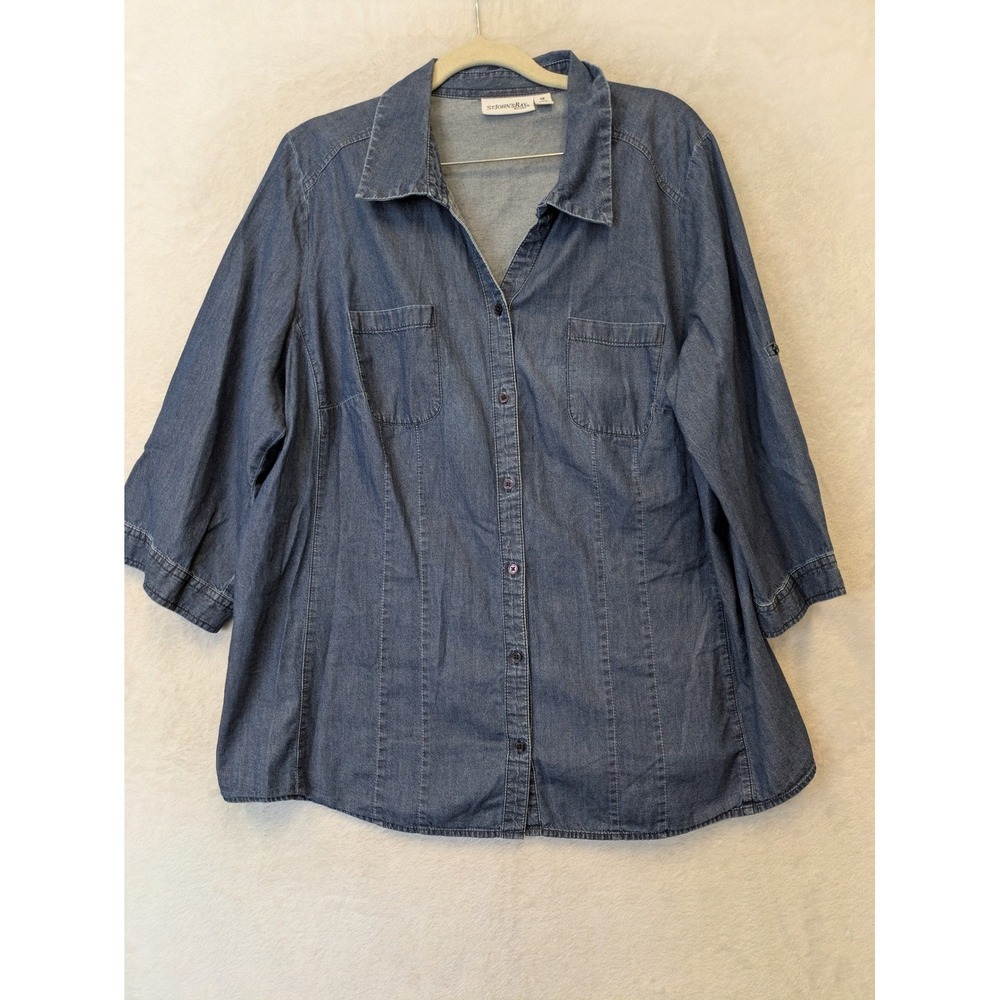 St Johns Bay Women's 1X Blue Denim Chambray Button Up Shirt 3/4 Roll Tab Sleeve